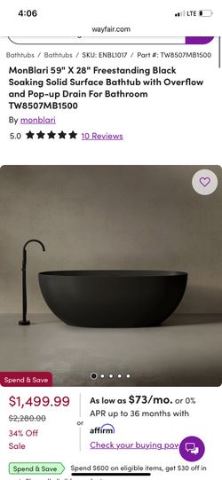 Monblari 61" X 28" Freestanding Black Soaking Solid Surface Bathtub