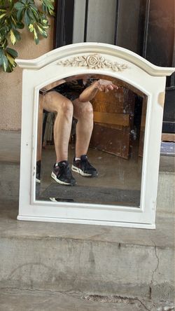White Wood Framed Wall Mirror with Rose Carving