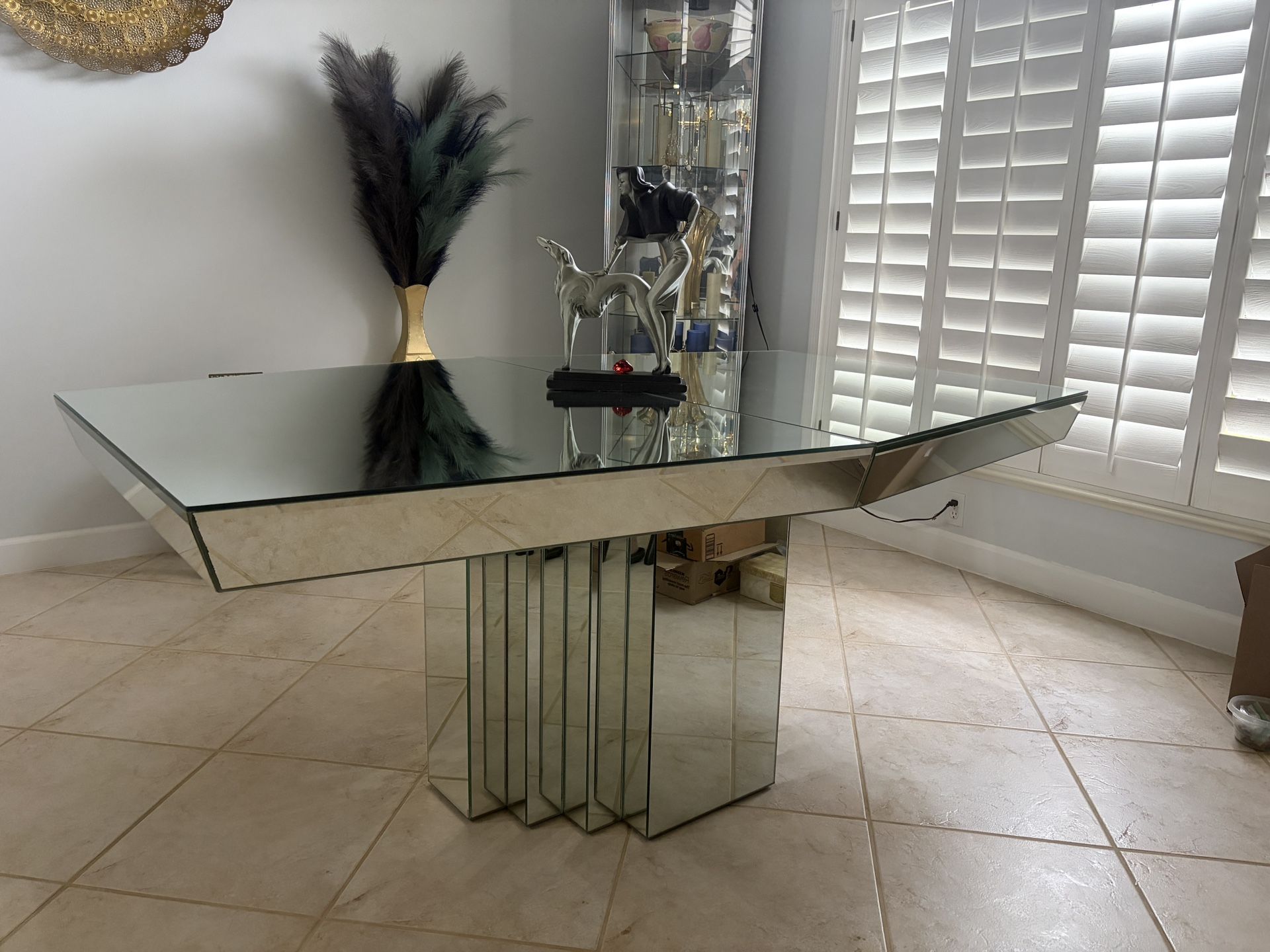 Like New Mirrored Dining Room Table Seats 8 Art Nouveau 71"Long x 48"Wide Plus 18" Leaf