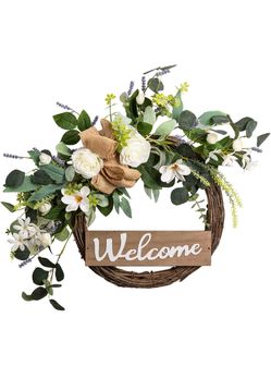 Floral Welcome Wreath with Eucalyptus and White Roses
