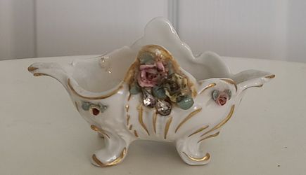 Vintage Porcelain Footed Bowl Hand Painted Applied Pink and Yellow Flowers.