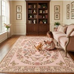 New Vintage Pink Butterfly Floral Area Rug 5’ x 7’ – Soft Boho Kashmiri-Inspired Synthetic Rug, Washable Non-Slip Decorative Carpet for Living Room an