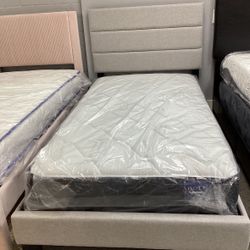 NEW IN BOX Modern Twin Size Grey Fabric Platform Bed Frame