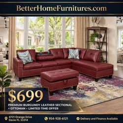 Burgundy Leather Sectional Sofa with Ottoman