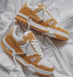 LOUIS VUITTON Trainer Cowhide Denim Stitching Lacing Low-top Orange Yellow (96)10