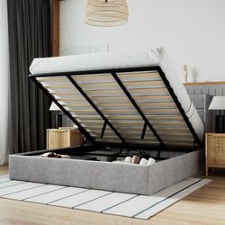 King Size Lift Up Storage Bed / Wingback Headboard / Upholstered Platform Bed Frame / No Box Spring Needed 