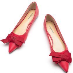 C.Paravano Pointy Bow Flats Comfortable Stylish Shoes for Women Leather Flats Women's Flats for Casual and Office Red 9.5
