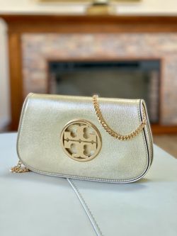 Tory Burch Reva Leather Clutch Shoulder Bag Metallic Spark Gold