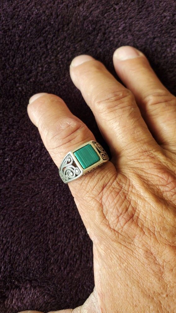 Vintage 60'S Sterling Silver Malachite Mens Ring