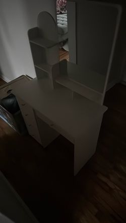 White Vanity Desk with Mirror and Shelves