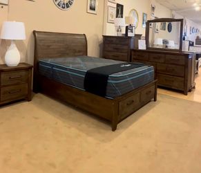Dark Wood Sleigh Bed Frame with Storage Drawers