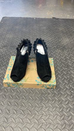 Bamboo,Black Suede Peep-Toe Heels with Ruffle Detail