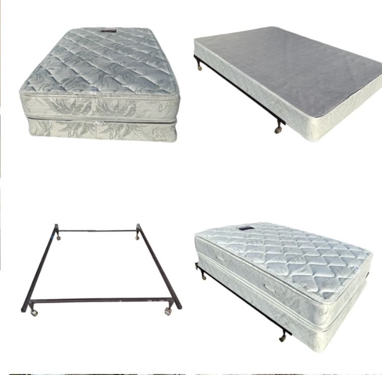 3 pc: 12“ Beautyrest double sided pillow top full-size mattress $125, boxspring $50, metal bed frame $45