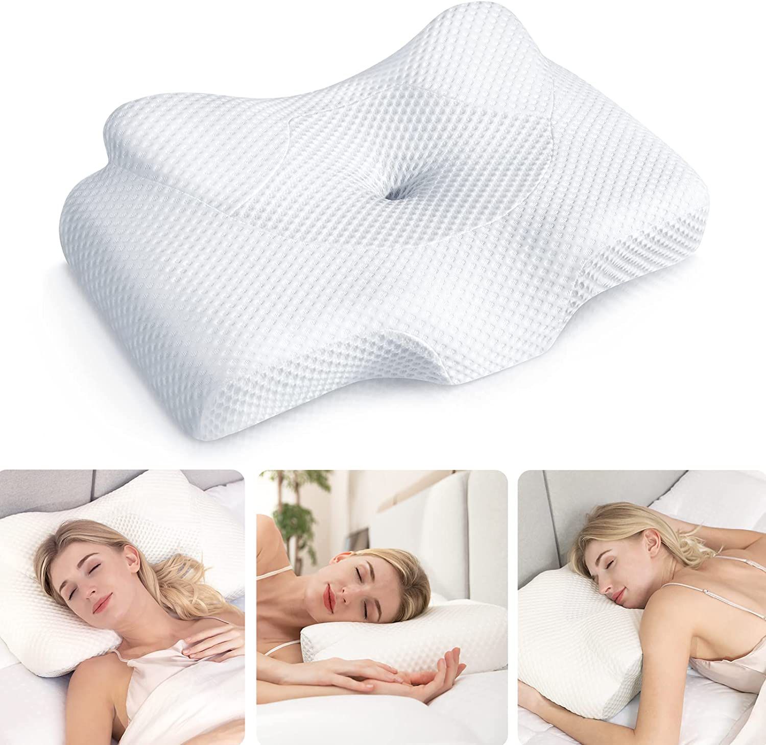 Cervical Pillow for Neck Pain Relief, Hollow Design Odorless Memory Foam Pillows with Cooling Case, Adjustable Orthopedic Bed Pillow for Sleeping, Con