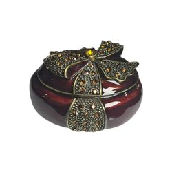 Exquisite Maroon Glazed Enamel Bow Design with Amber Rhinestones Trinket Box