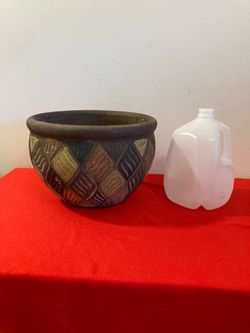 13” x 9” Clay Planter w/ Carved Colorful Carved Geometric Patterns w/ Drain Hole