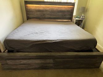OBO King Storage Bed, Purple Mattress, Dresser, & Desk