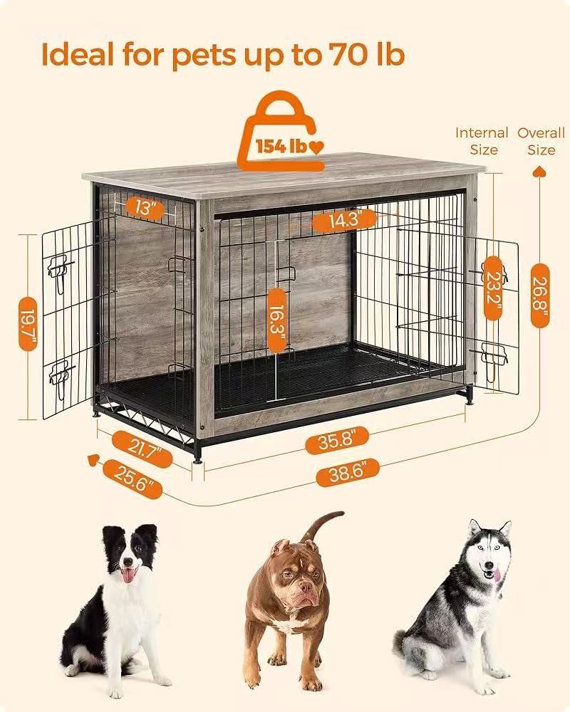 🥨Dog Crate Furniture, 38.6" Side End Table, Modern Kennel for Dogs Indoor up to 70 lb, Heavy-Duty Dog Cage with Multi-Purpose Removable Tray