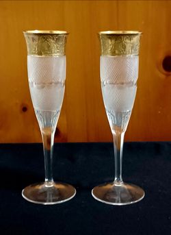 2 Moser Splendid Cut Glass 24K Gold Gilt Wine Lovers Champagne Flutes 7.75"
