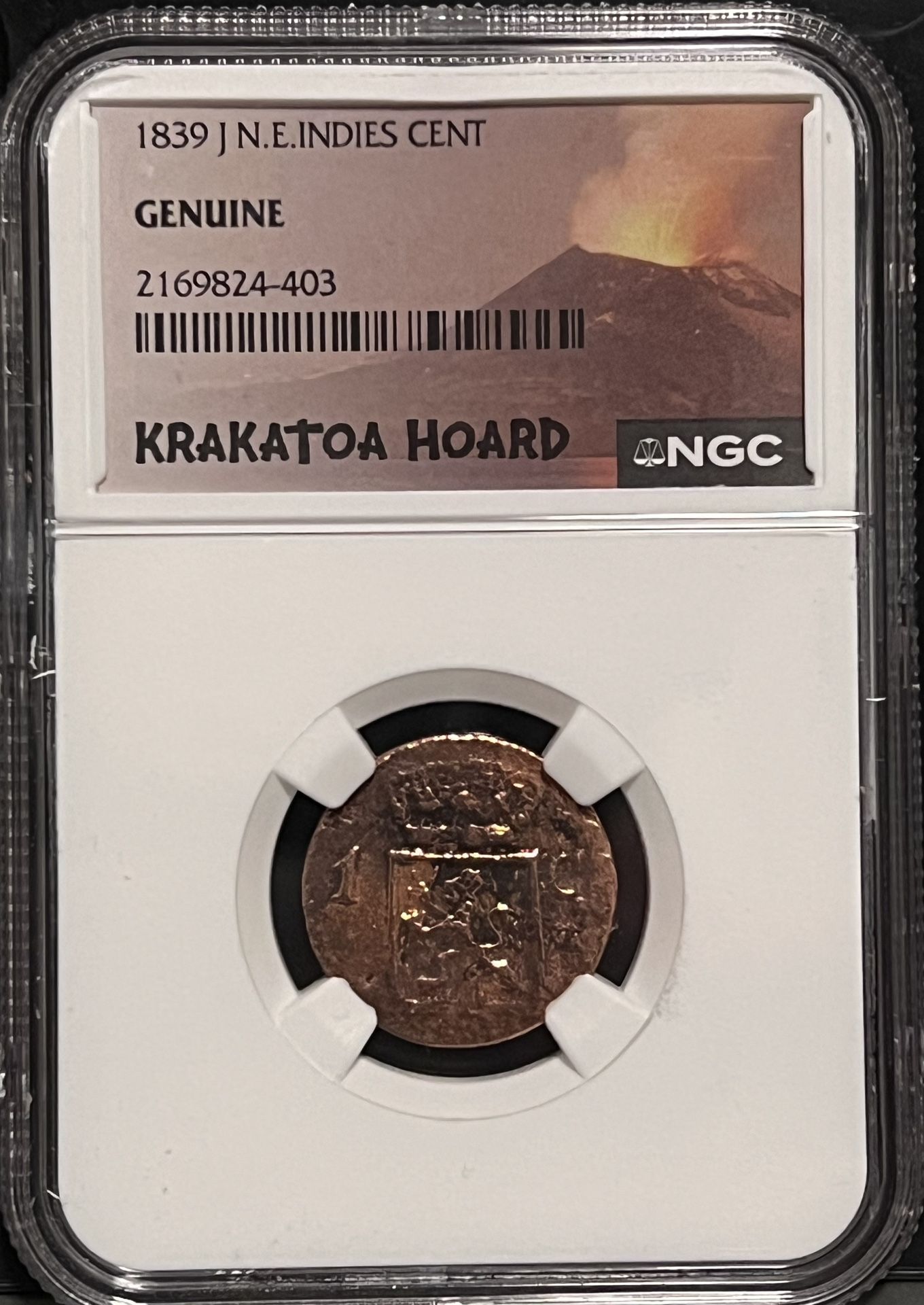 1839 J Netherlands East Indies Cent, Sumatra Island • Utrecht Mint • Dutch Colonial Copper Coin • Krakatoa Volcano Hoard Label • NGC Genuine