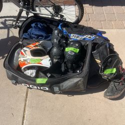 Motorcycle-Dirt Bike Gear, Helmet, Pants, Boots, Leg Armor, Carrying Case