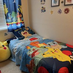 Twin Metal Bed frame, Mattress And Pokemon Bedding