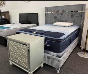 GREY BED W/ TALL HEADBOARD