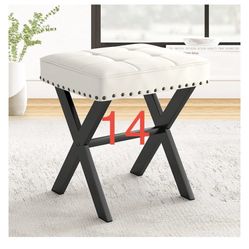 LUE BONA White Vanity Stool - Square Faux Leather Makeup Seat With Metal X Legs, Small Ottoman Chair for Makeup Room, Living Room, Bathroom - Padded F