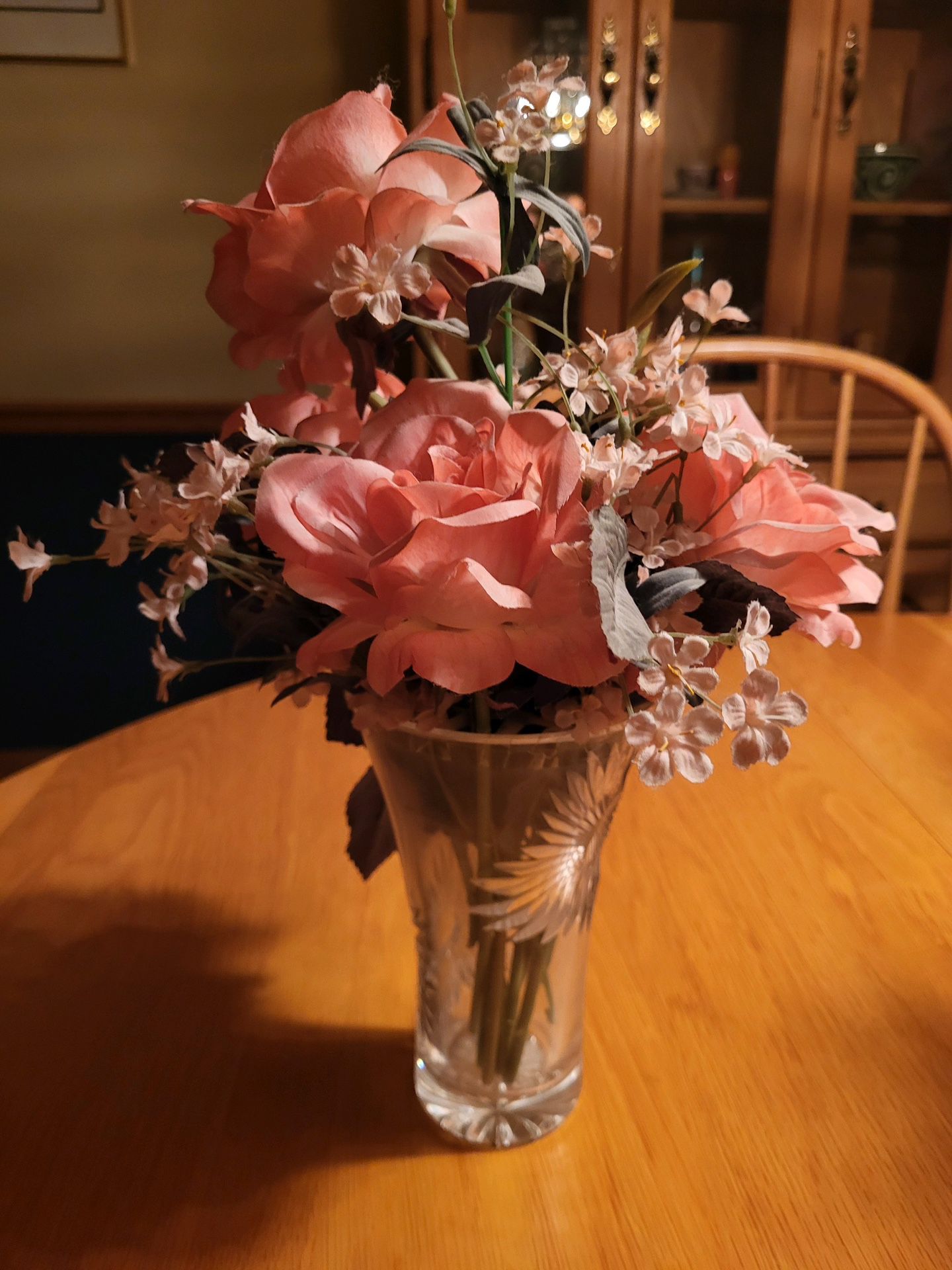 Flower Arrangement In Crystal Vase.  Vase Is 6” Tall. Total Height Is 12” 