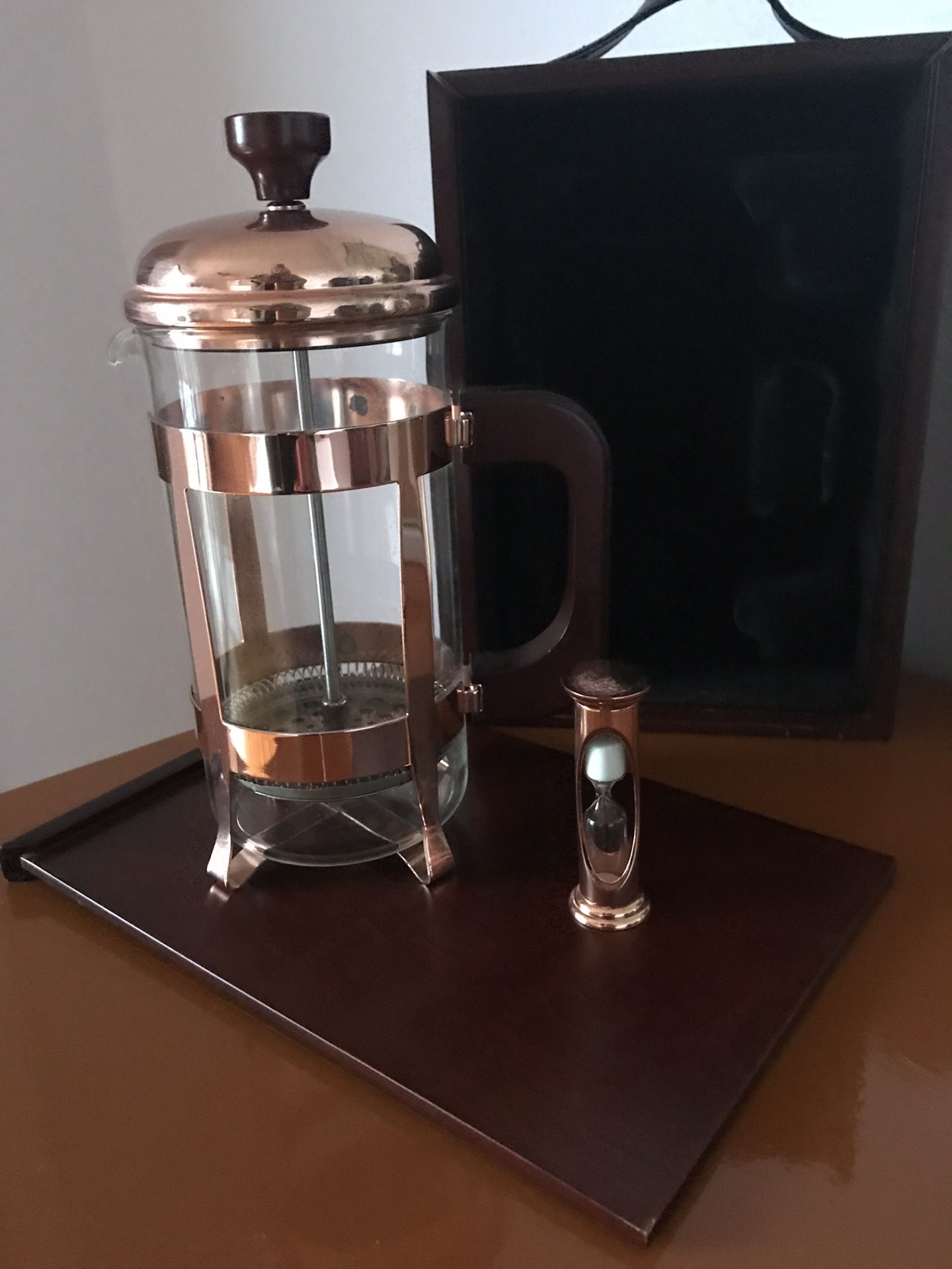 Starbucks glass copper French press with wood box
