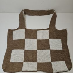 Forever 21 Checkered Knit Taupe and White Womens Tote Bag