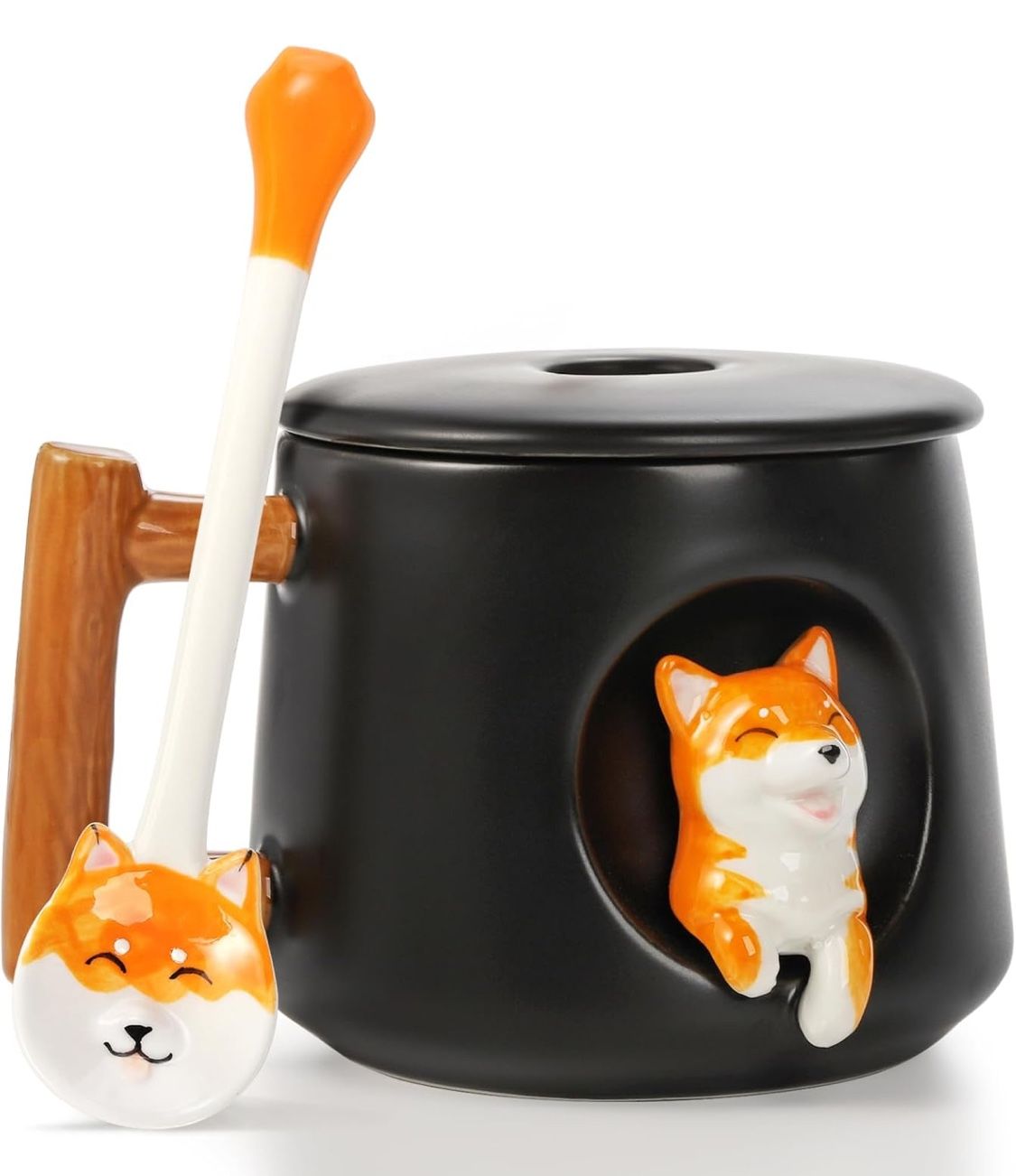 3D Ceramic Dog Mug, Cute Shiba Inu Mug with Lid and Spoon 13.5 Ounces Coffee,Tea