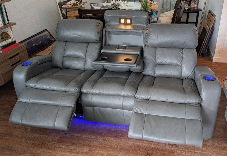 Grey Leather Power Reclining Couch with Lights And Chargers