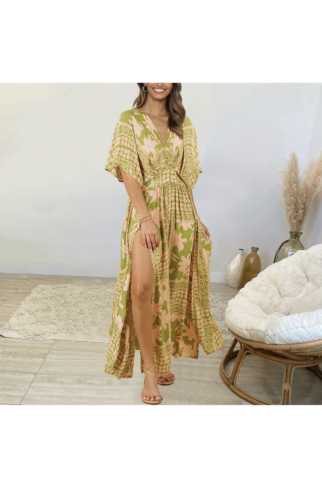 Women's Bohemian Floral Printed Wrap V Neck Short Sleeve High Split Beach Party Maxi Dress