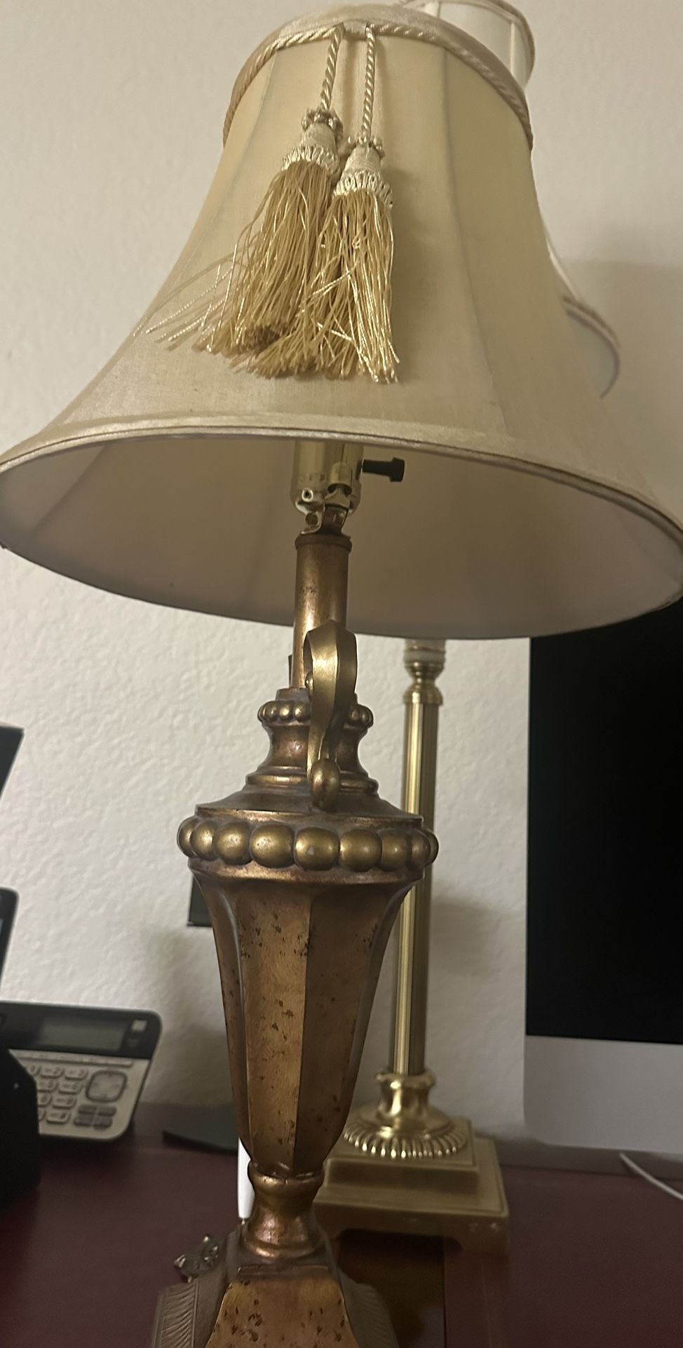 Vintage Gold Lamp With Gold Tousle On lamp Shade