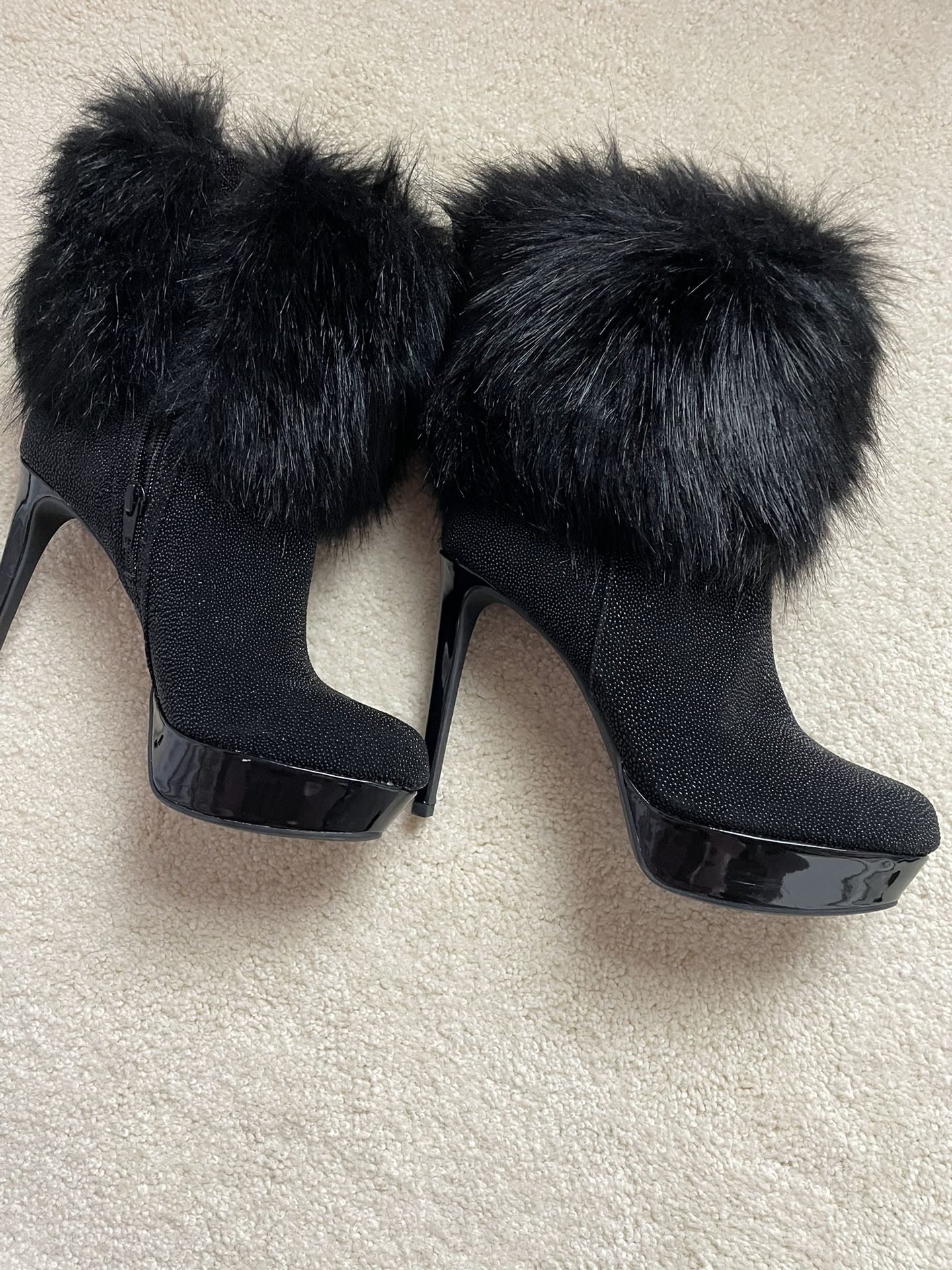 GIANNI BINI Black Platform High Heel Boots Leather Faux Fur Booties 9