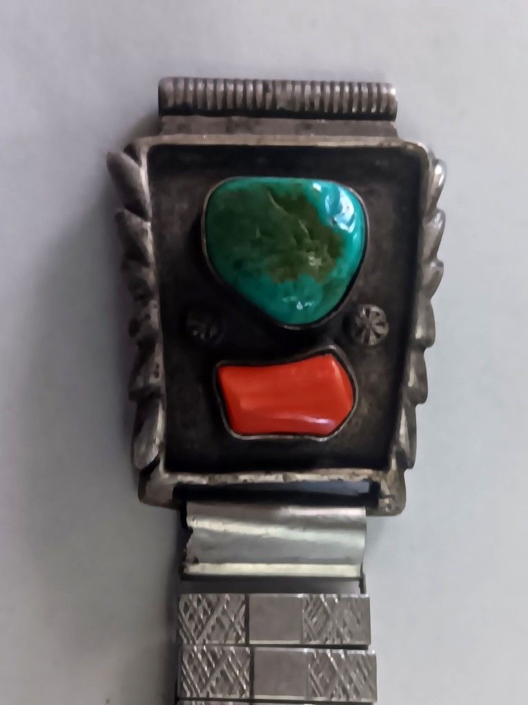 Men's Native American Navajo Sterling Silver Turquoise Coral Watch Tips w/Band