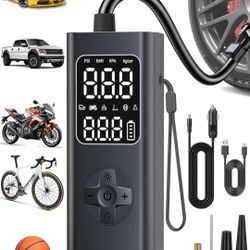 Car Tire Air Pump Portable Air Compressor, 150 PSI Cordless Tire Inflator Battery for Inflating/Charging with 12V DC Cord, Digital Gauge, Led Light fo
