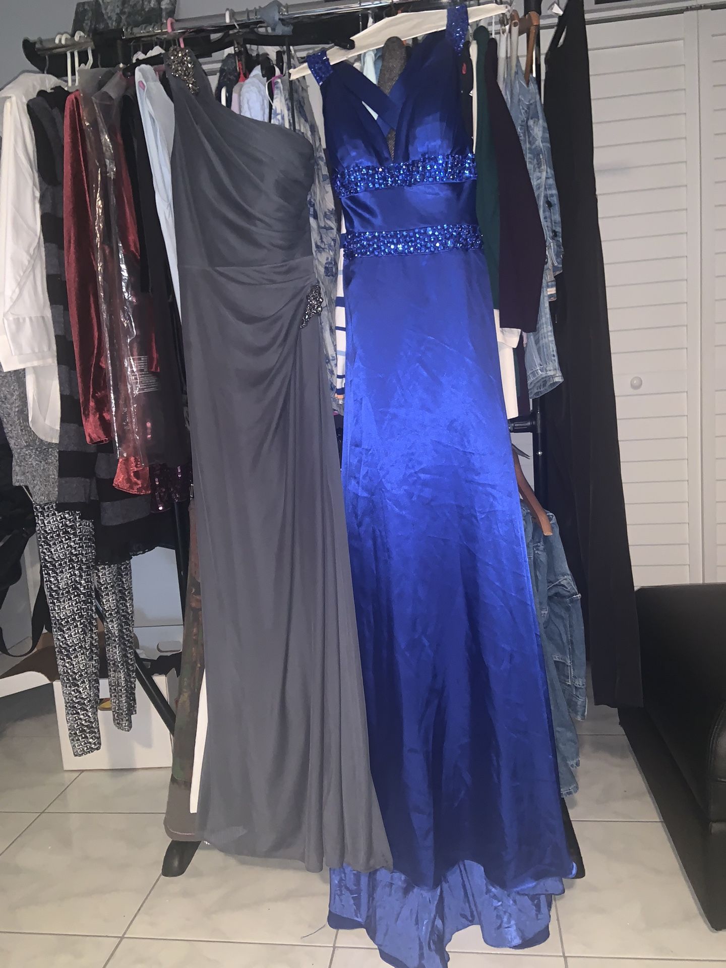 Prom Event Gowns. New Dark Gray Embellished One -Shoulder Size 6 And Blue Satin  Jeweled Size 3/4 Used 2 Hours . Both Lined. $60 Each 