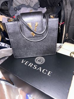 Authentic VERSACE Virtus hand bag calfskin black leather with box and dust bag