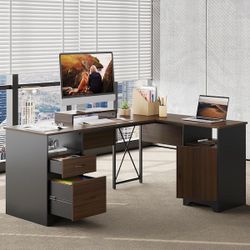 Customer Reviews for Bestier 63 in. Rectangular Cherry 2-Drawers L Shaped Computer Desk Storage Cabinet and 2-Open Storage