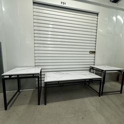 Coffee Table & 2 Side Tables Faux Marble Metal Legs