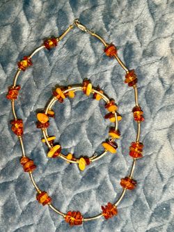 Like New Set Silver Necklace  & Adjustable Bracelet with Real Natural Baltic Amber-16" Vintage