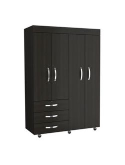 Hamilton Mobile Armoire with 2 Double Door Cabinets, 3 Drawers, 2 Rods, and Inner Shelves, Black By Latitude Run