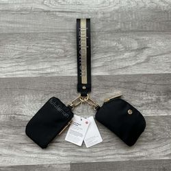 Lululemon Dual Pouch Wristlet Black and Gold Wordmark New With Tags