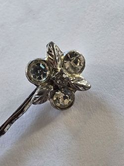 Vintage nineteen fifties, rhinestone and fex pearl hairpins, mid century retro bobby clips set of 2.