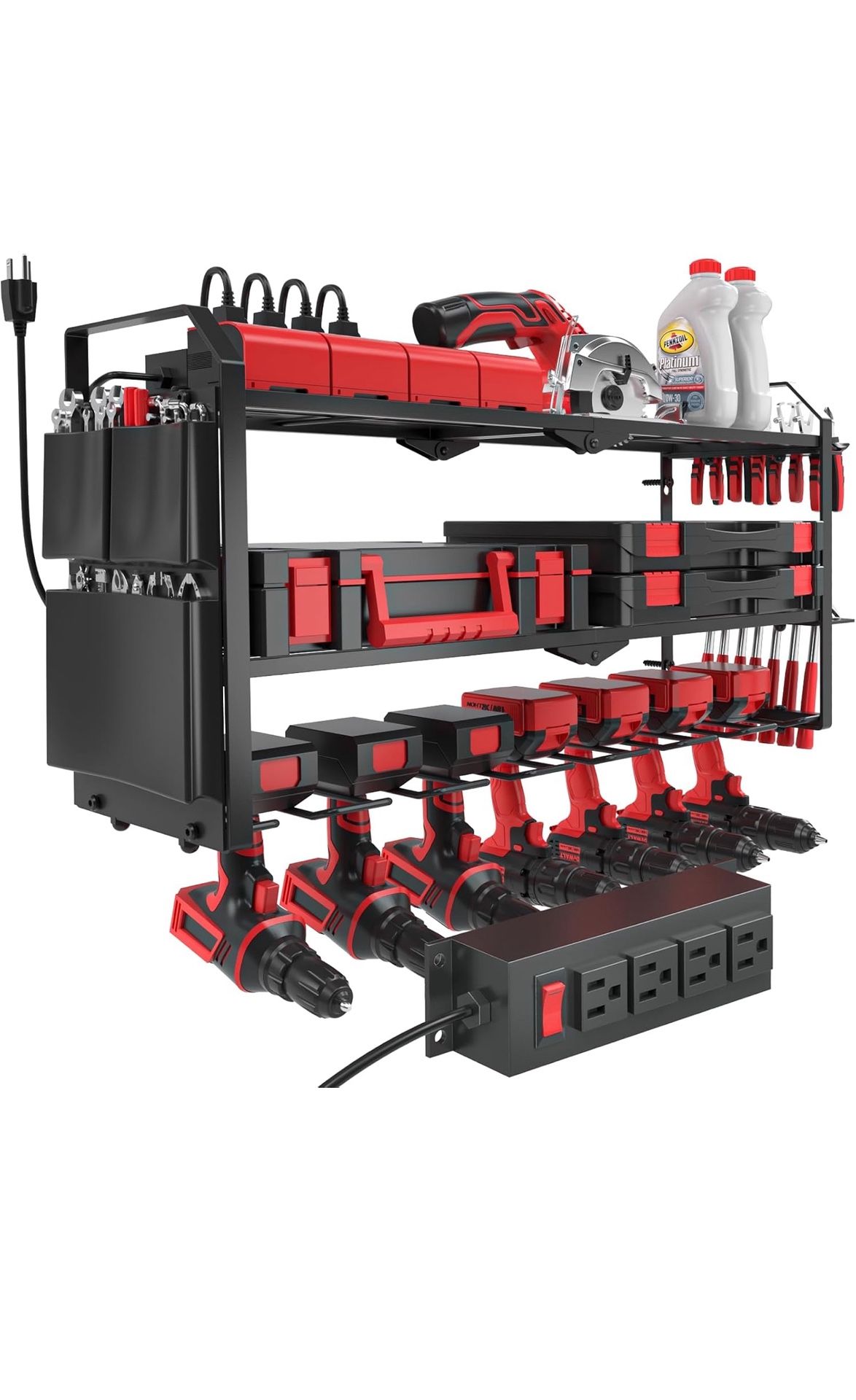 Power Tool Organizer Wall Mount with Charging Station, Heavy Duty Steel, 3 Shelves, Black, 26.37 x 7.87 x 14.14 inches, Garage, Workshop, Shed, Tool R