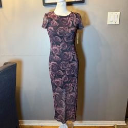 Y2K Floral Mesh Maxi Dress | Black & Purple Rose Print | XS