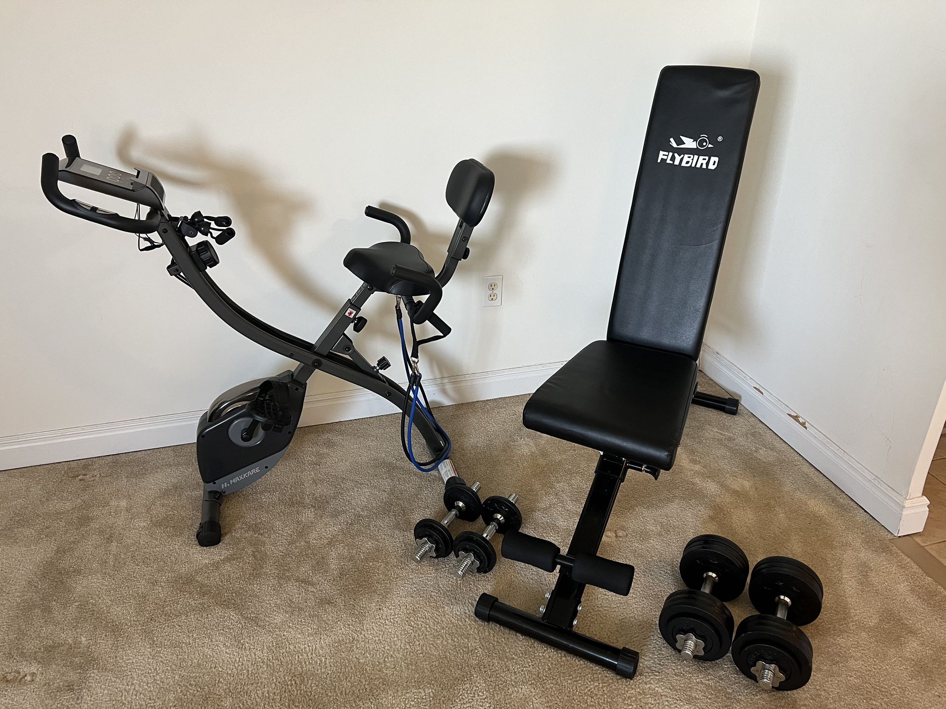 Complete Home Gym Set- Folding Weight Bench, Adjustable Dumbells, Folding Bike, Resistance Bands