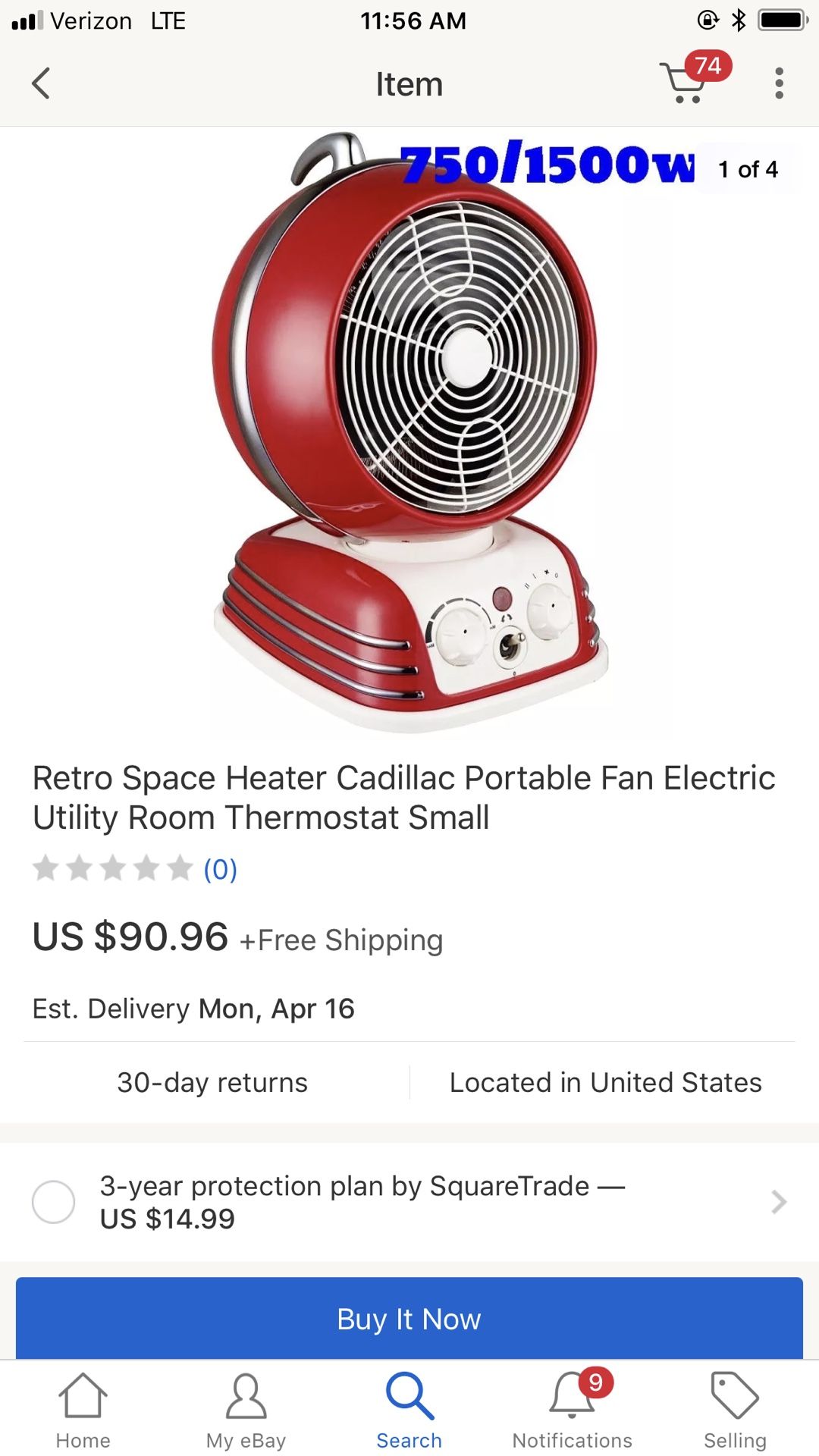 RETRO FAN HEATER WITH TWO HEAT SETTINGS ADJUSTABLE THERMOSTAT 90 DEGREE OSCILLATION
